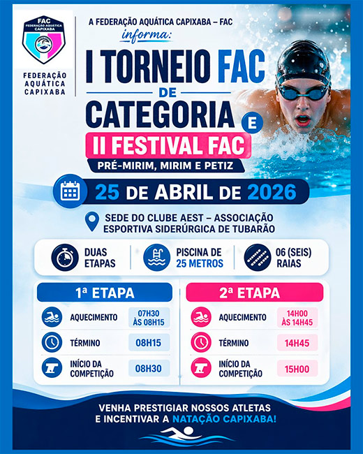 FAC realiza Torneio de Categoria e Festival de Natação no dia 25 de abril no Espírito Santo