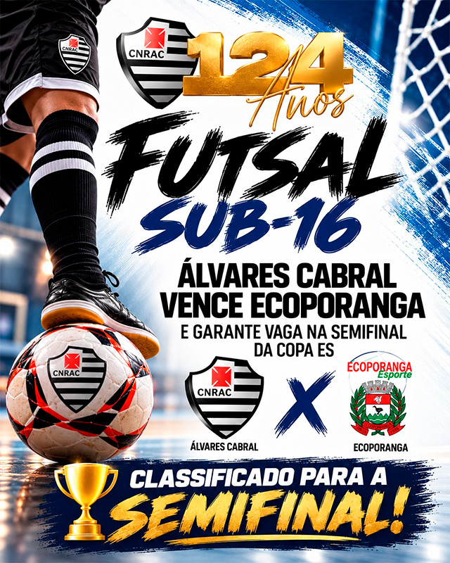 Futsal Sub-16 do Álvares Cabral vence Ecoporanga por 8 a 4 e avança à semifinal da Copa ES